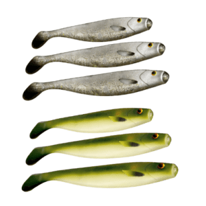 6 Señuelos de vinilo ( 3 color black bass y 3 color alburno)