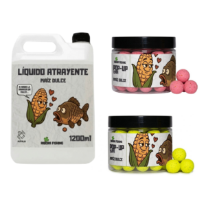 Pack Liquido atrayente de Maíz Fermentado + Pop Ups 15mm rosa y amarillo