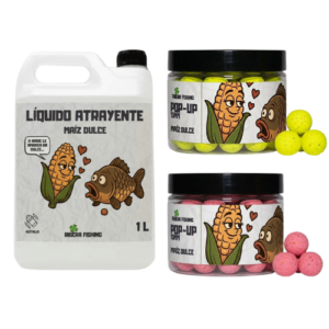 Pack Liquido atrayente de Maíz Fermentado + Pop Ups 15mm rosa y amarillo